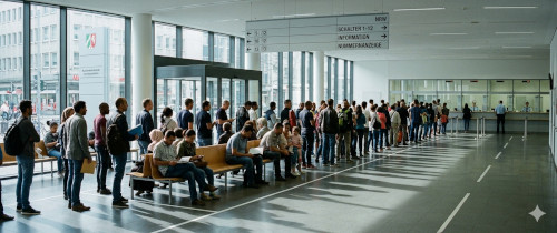 Panoramaaufnahme einer gefüllten Ausländerbehörde in NRW: Eine lange Schlange wartender Menschen steht vor den Schaltern. Das Bild symbolisiert das Machtgefälle in der Verwaltung und die Notwendigkeit eines lückenlosen Antidiskriminierungsgesetzes (LADG NRW).